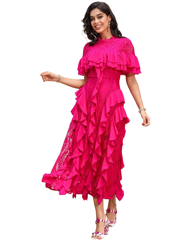 Summer Banquet Lace Ruffle Round Neck Midi Dress