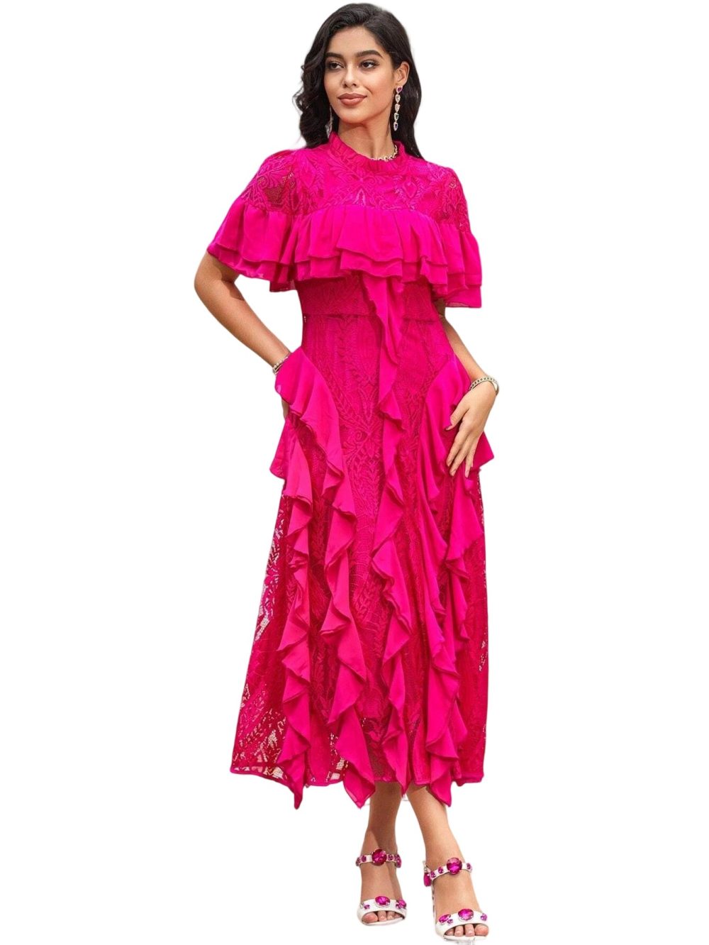 Summer Banquet Lace Ruffle Round Neck Midi Dress - Image 3