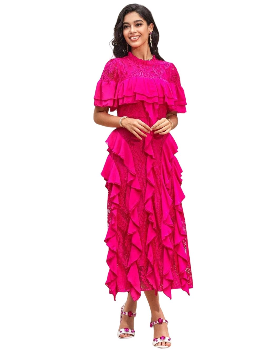 Summer Banquet Lace Ruffle Round Neck Midi Dress - Image 4