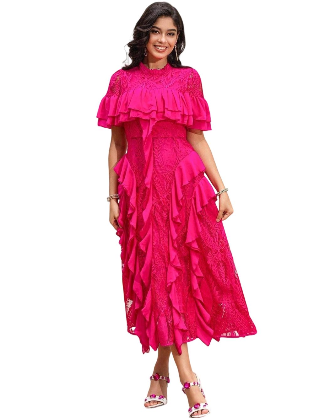 Summer Banquet Lace Ruffle Round Neck Midi Dress - Image 5