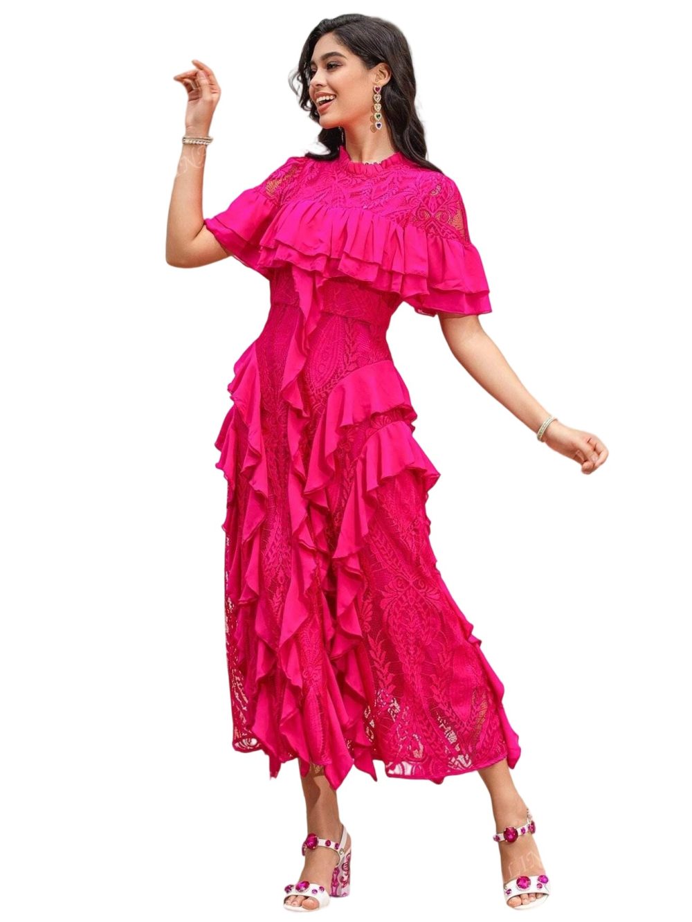 Summer Banquet Lace Ruffle Round Neck Midi Dress - Image 6