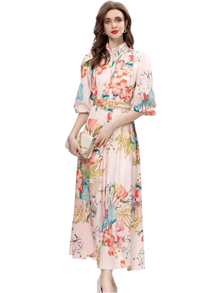 Stand collar lantern sleeve printed dress