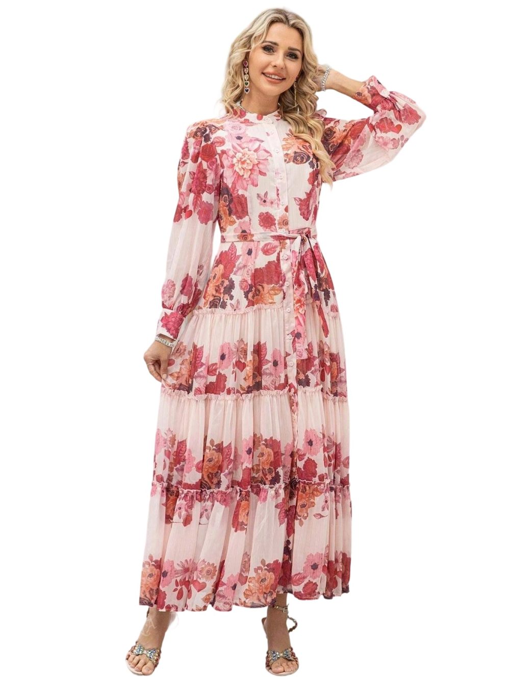 Summer Button Flower Chiffon Printed Vacation Dress - Image 3