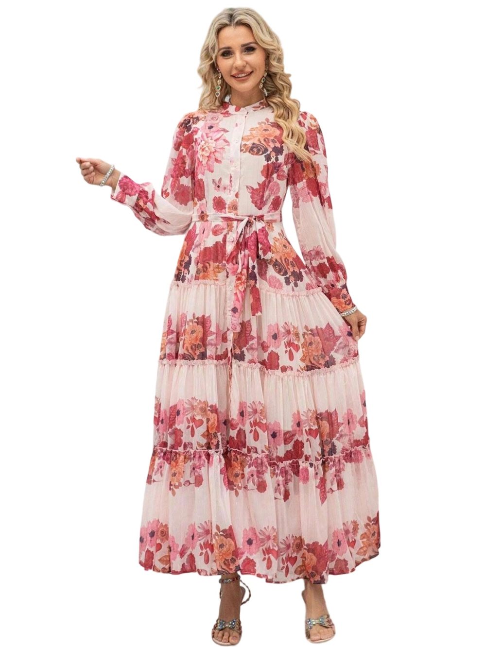 Summer Button Flower Chiffon Printed Vacation Dress - Image 4