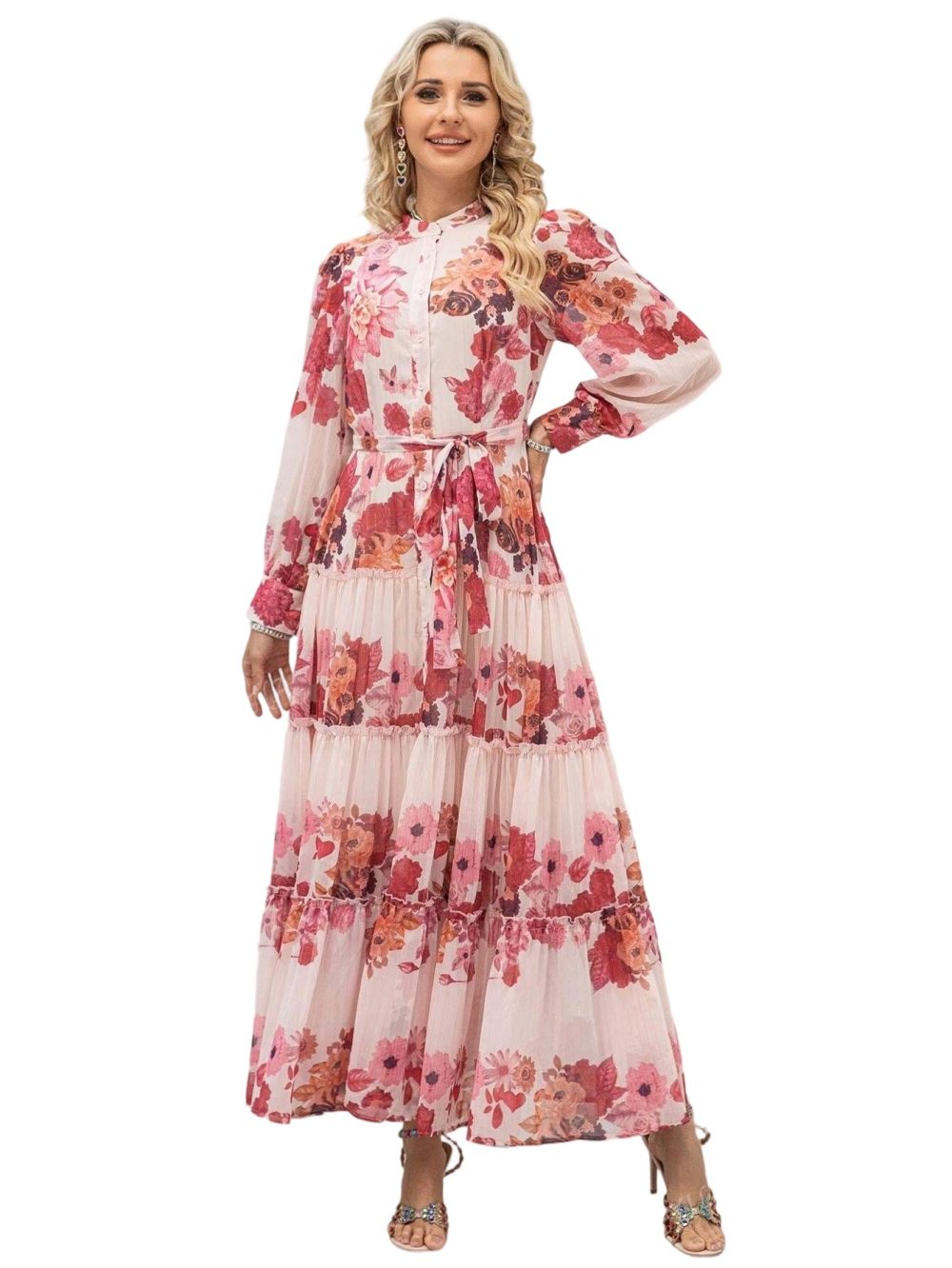 Summer Button Flower Chiffon Printed Vacation Dress - Image 5