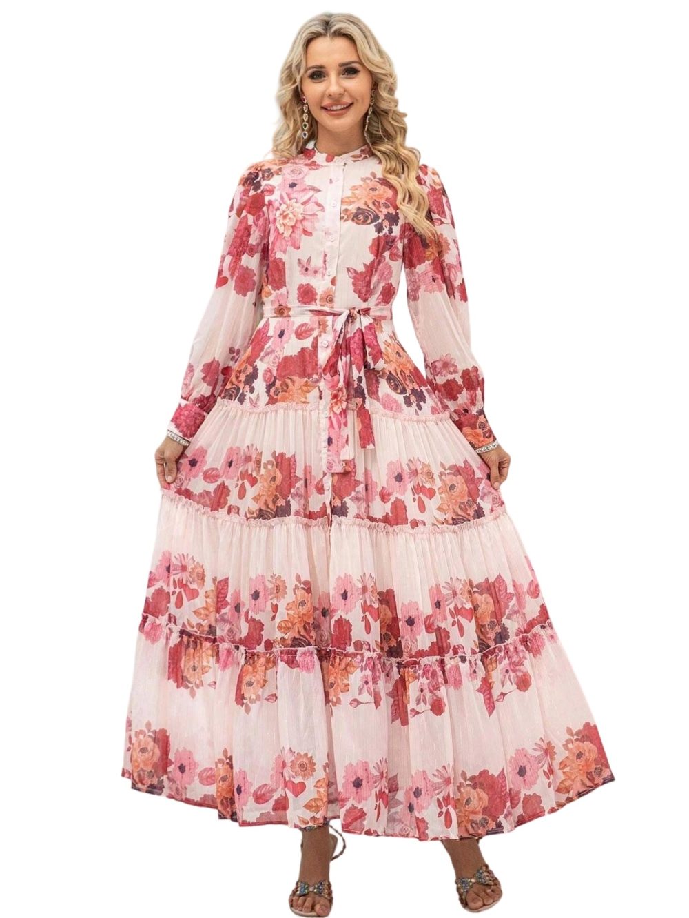 Summer Button Flower Chiffon Printed Vacation Dress - Image 6
