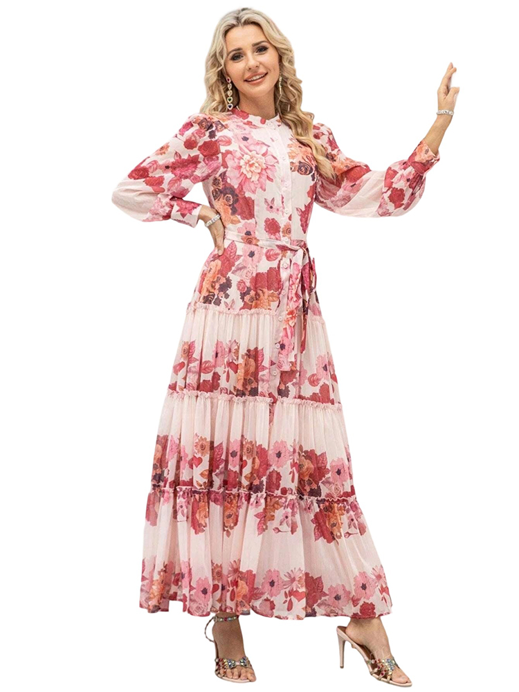 Summer Button Flower Chiffon Printed Vacation Dress