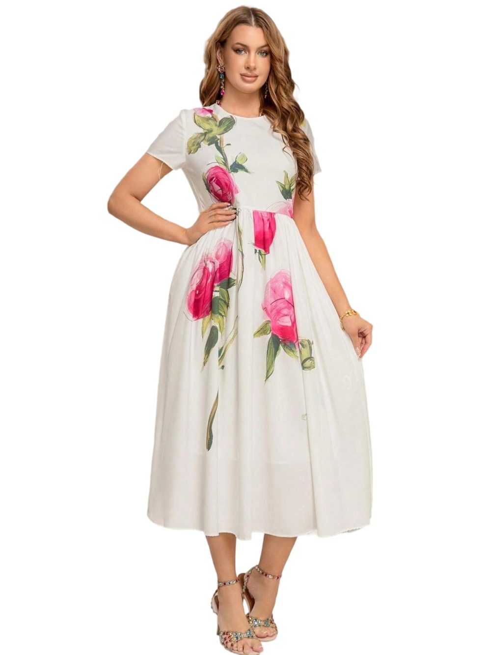 Summer White Rose Printed Skinny Dress - Image 6
