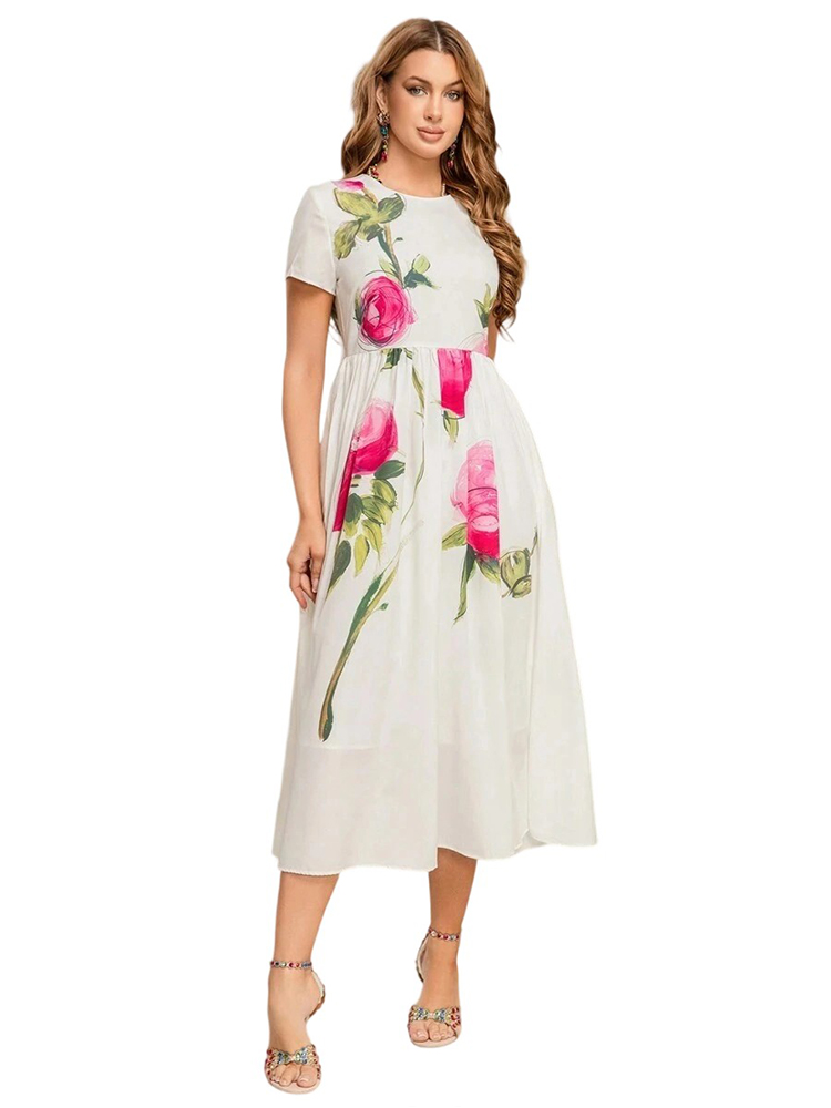 Summer White Rose Printed Skinny Dress