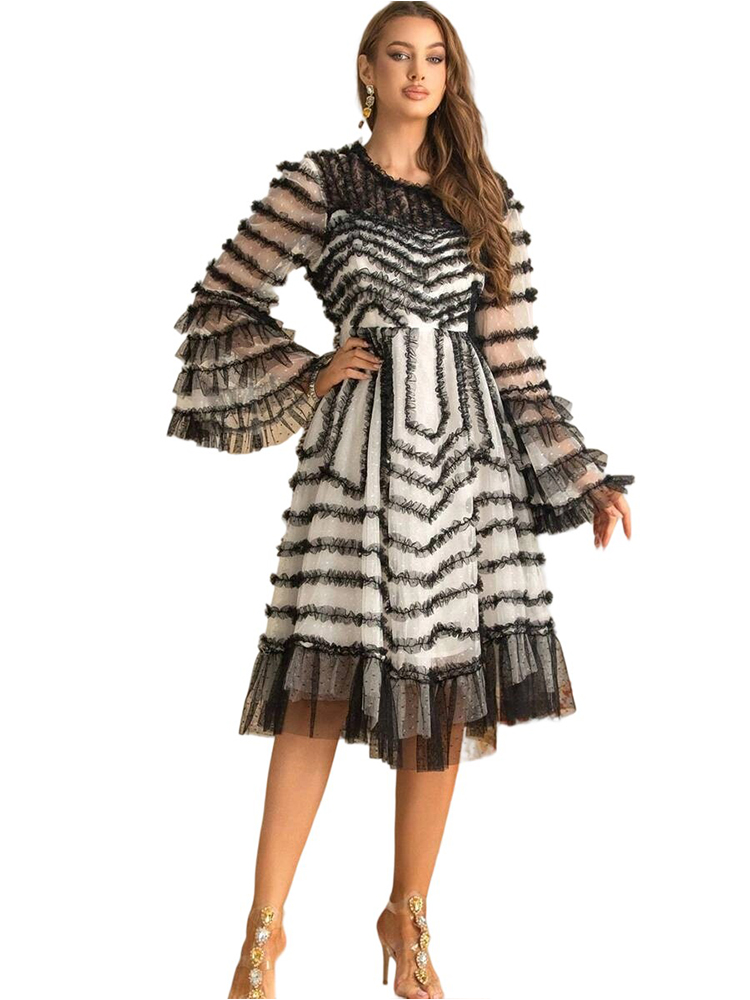 Spring Autumn Small Collar Mesh Ruffle Fluffy Dress