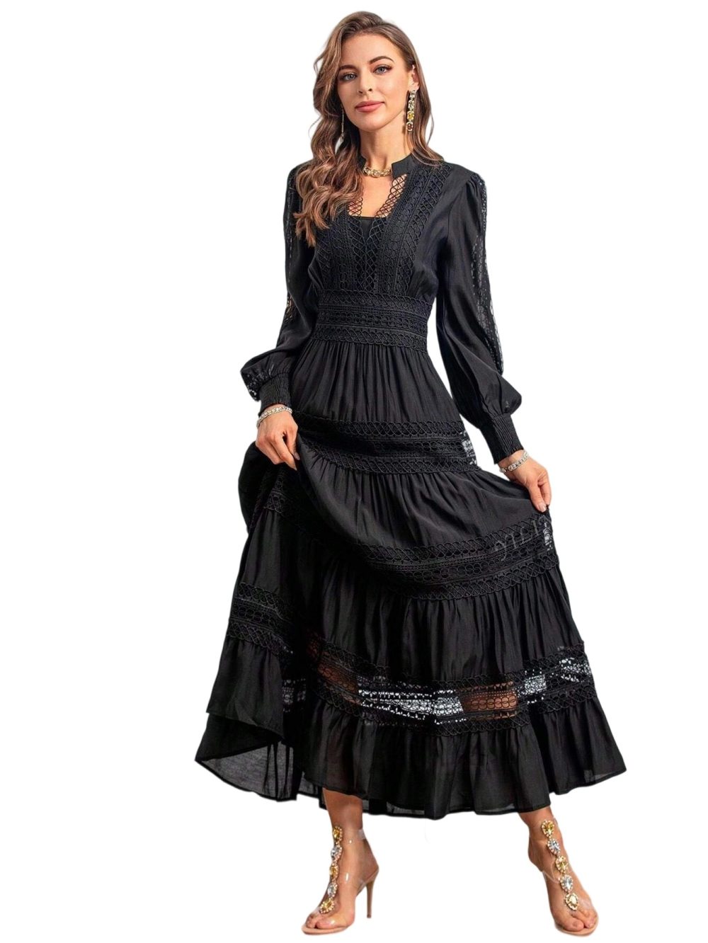 Elegant V-Neck Water-Soluble Long-Sleeve Dress - Image 3