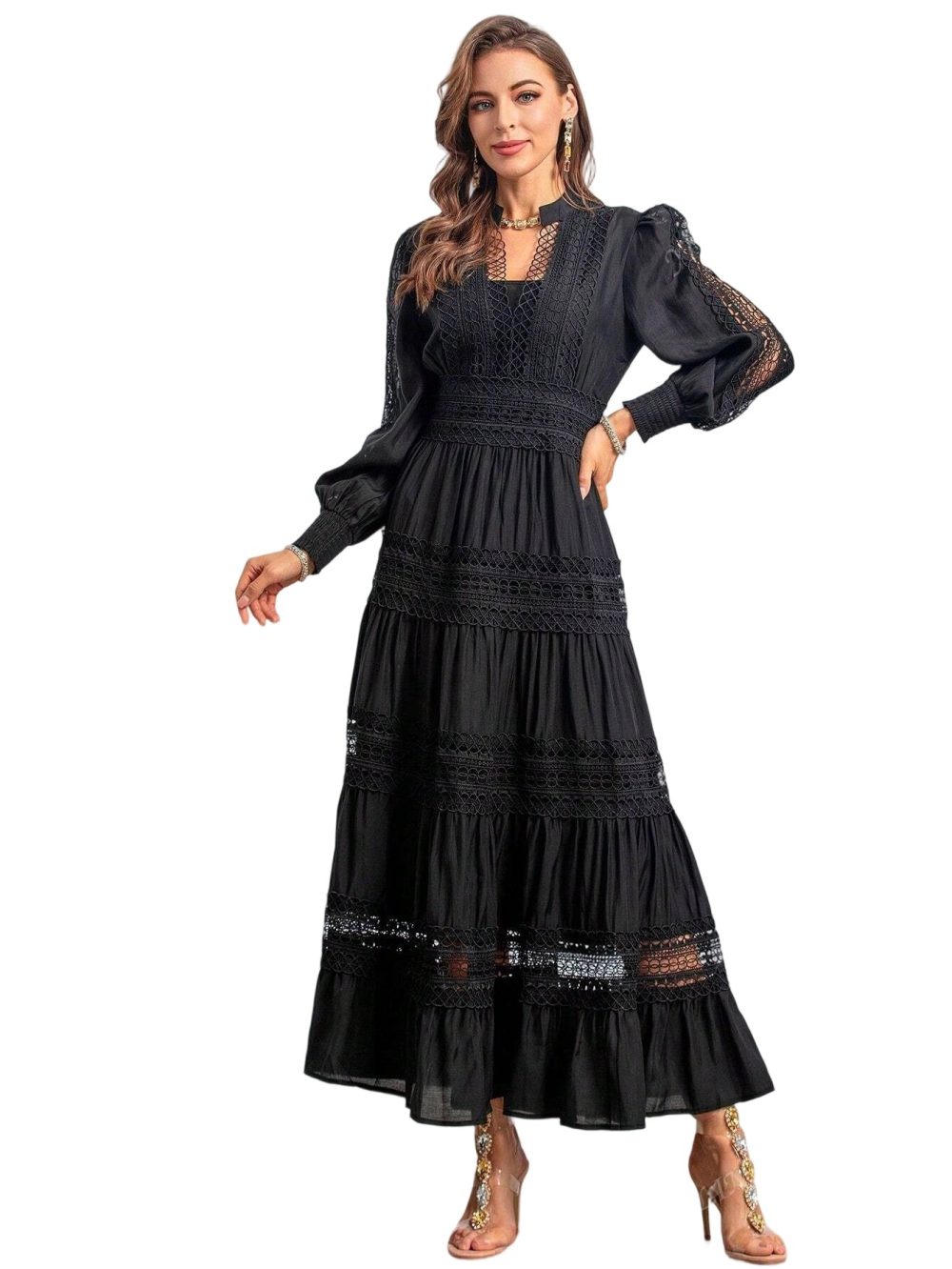 Elegant V-Neck Water-Soluble Long-Sleeve Dress - Image 4