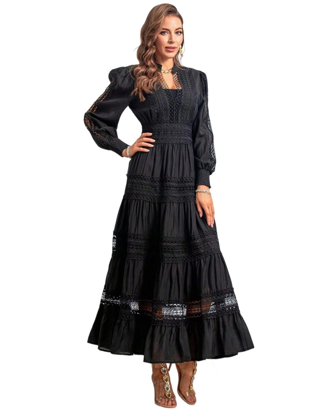Elegant V-Neck Water-Soluble Long-Sleeve Dress - Image 5