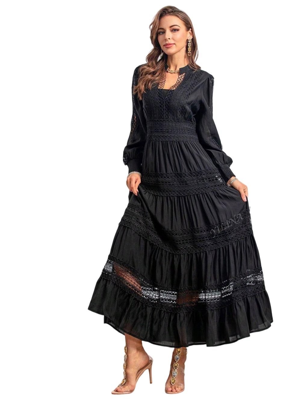 Elegant V-Neck Water-Soluble Long-Sleeve Dress - Image 7