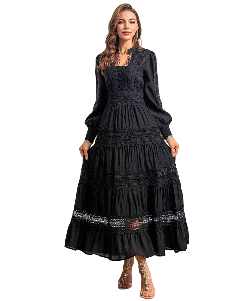 Elegant V-Neck Water-Soluble Long-Sleeve Dress