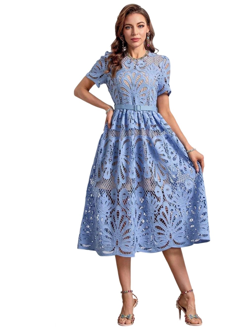 Women's Blue Water-Soluble Flower Midi Dress - Image 3