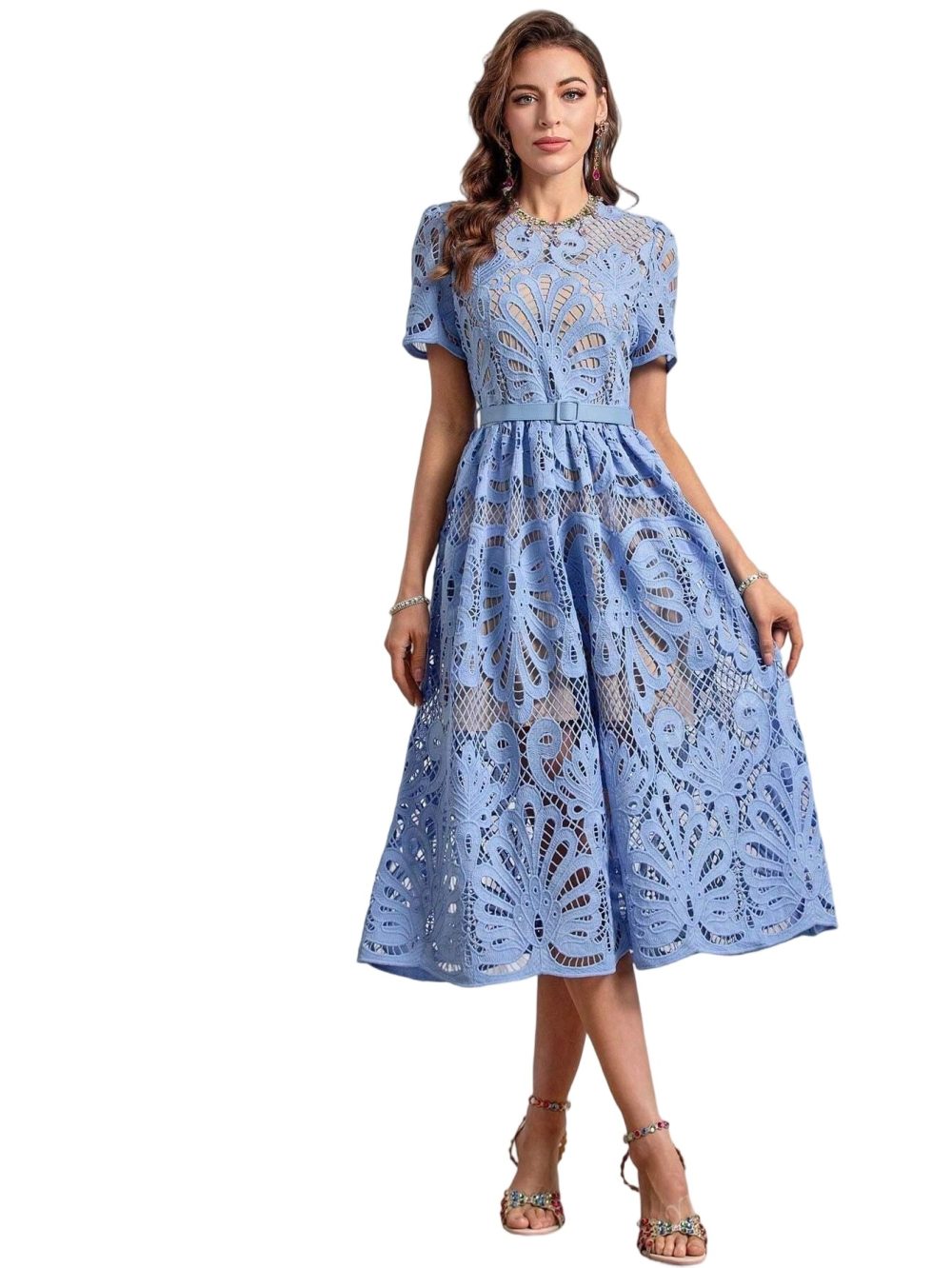 Women's Blue Water-Soluble Flower Midi Dress - Image 4
