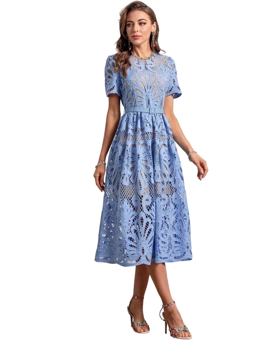 Women's Blue Water-Soluble Flower Midi Dress - Image 7