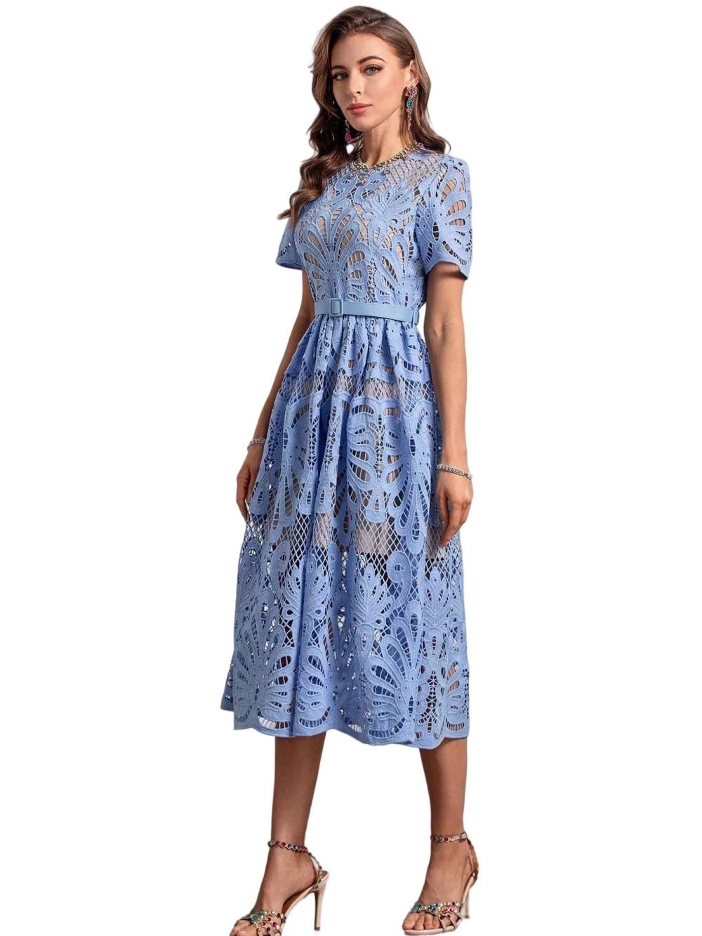 Women's Blue Water-Soluble Flower Midi Dress - Image 8