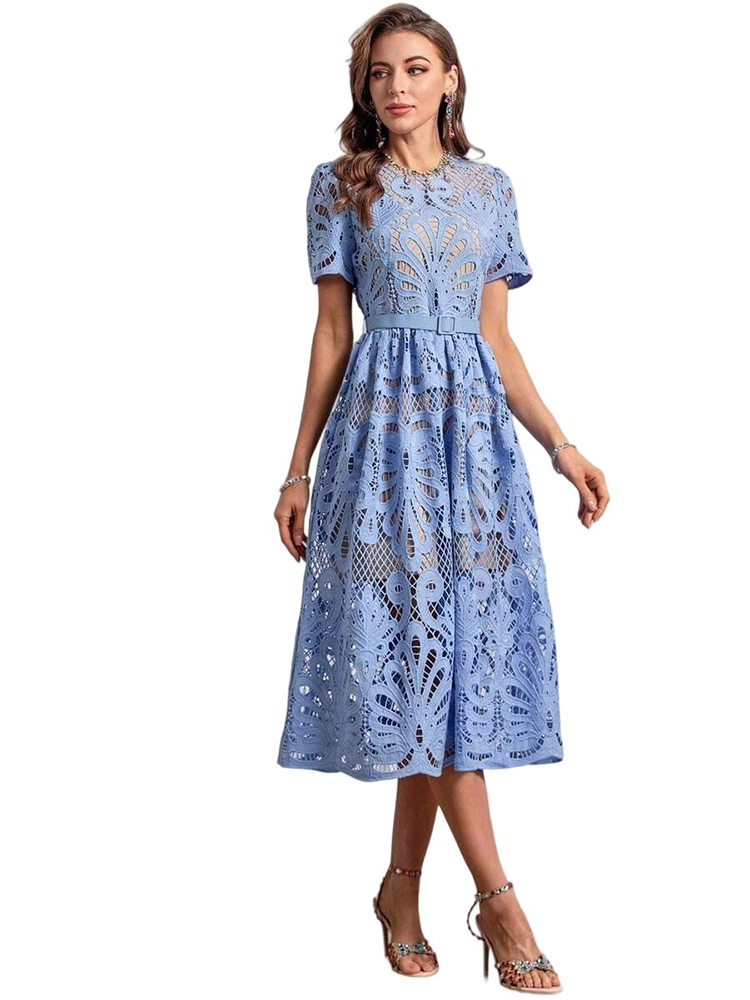 Women's Blue Water-Soluble Flower Midi Dress