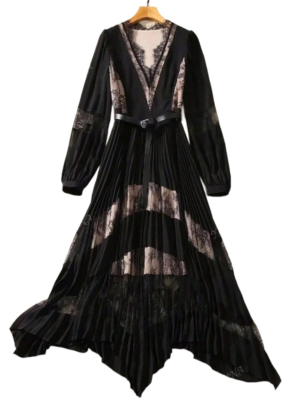 Designer Black Vintage Patchwork Slim Long Dress - Image 5