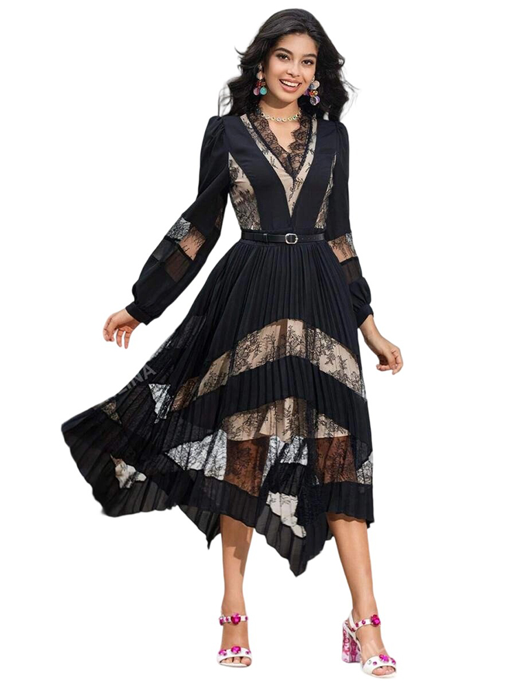 Designer Black Vintage Patchwork Slim Long Dress