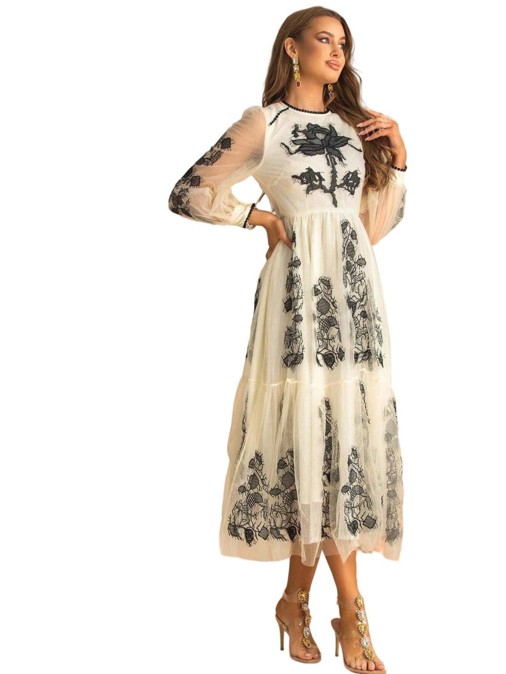 High-End Mesh Embroidery Long-Sleeve Swing Dress - Image 3