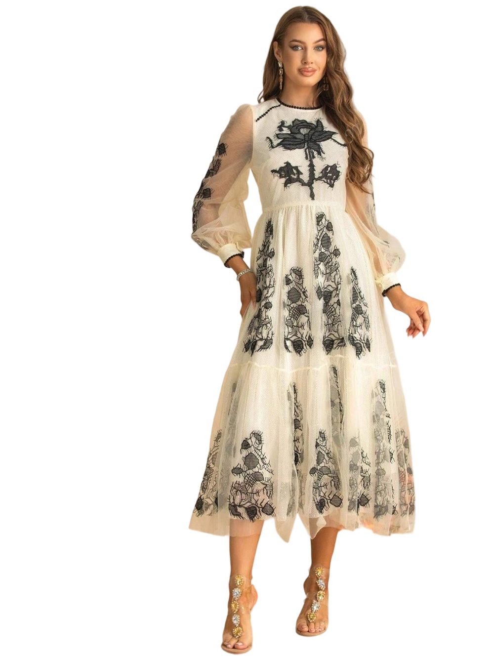 High-End Mesh Embroidery Long-Sleeve Swing Dress - Image 5