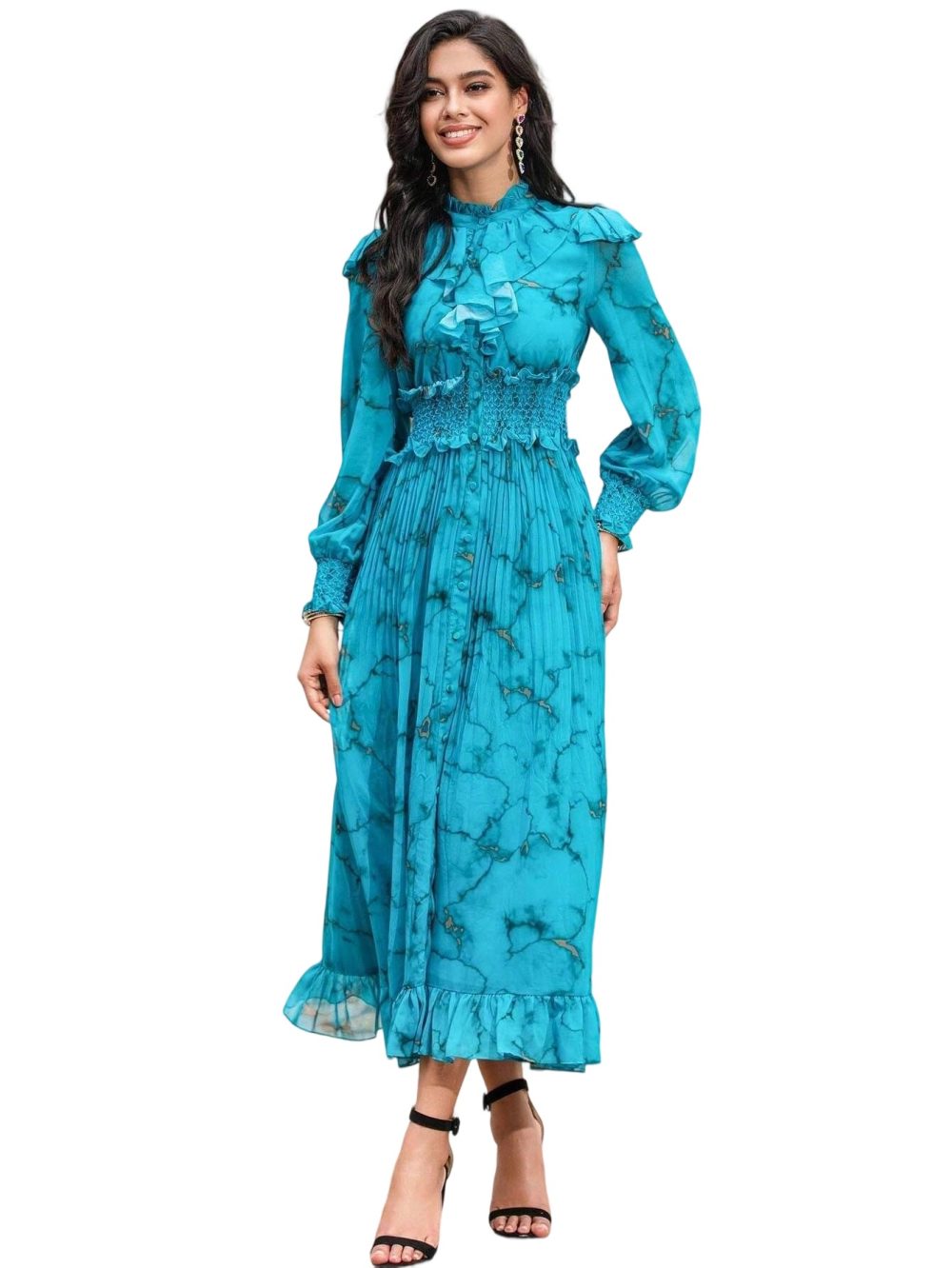 Designer Ruffled Chiffon Marble Print Flowy Dress - Image 4