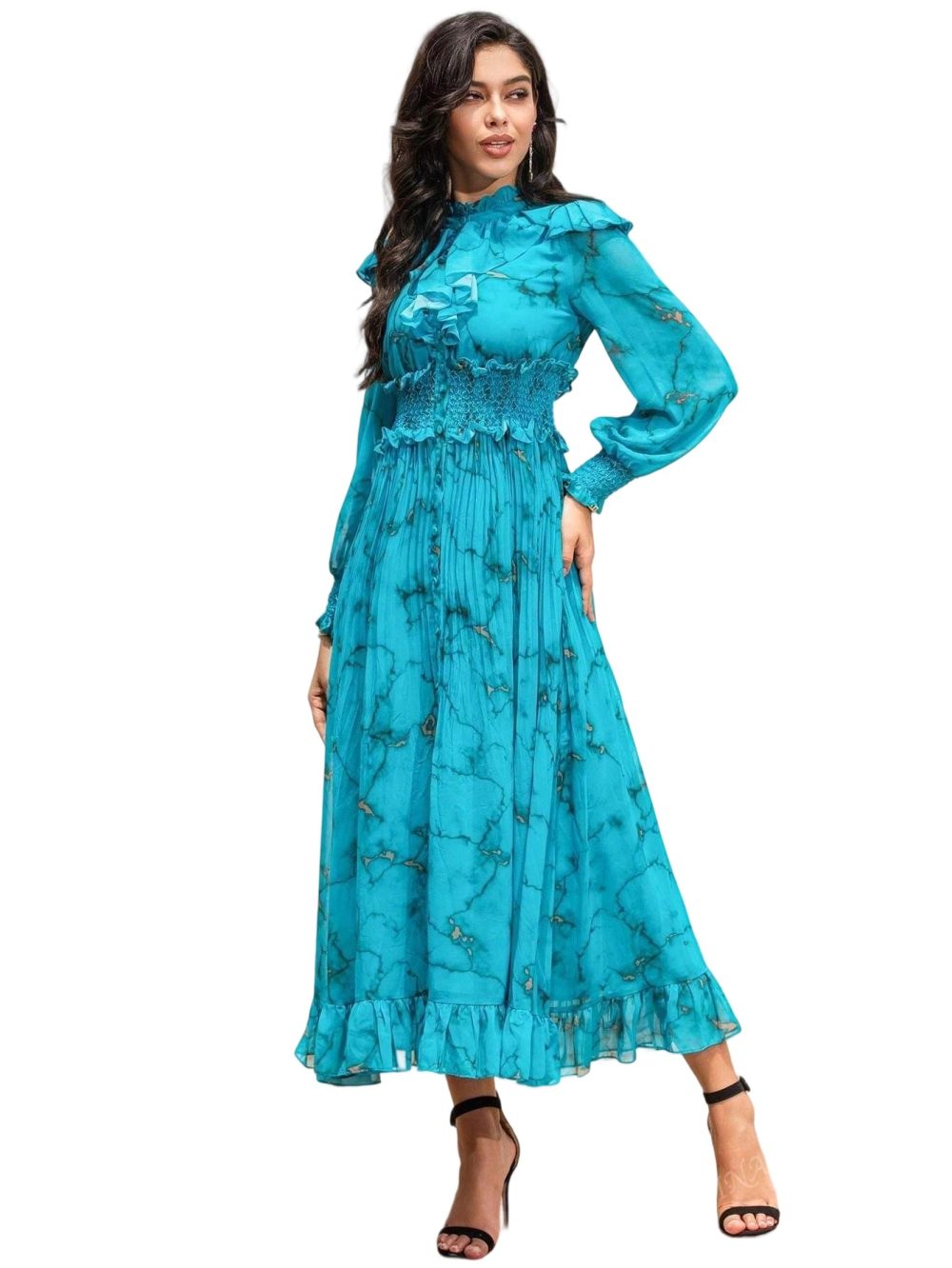Designer Ruffled Chiffon Marble Print Flowy Dress - Image 5