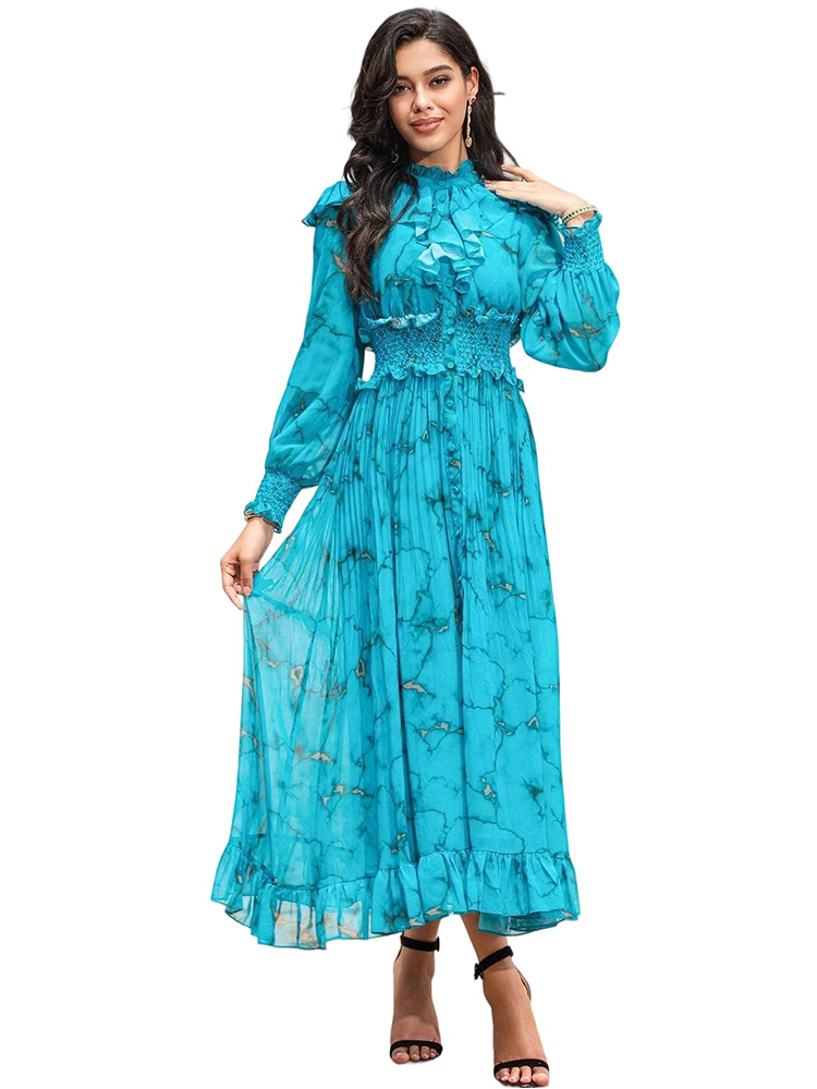 Designer Ruffled Chiffon Marble Print Flowy Dress