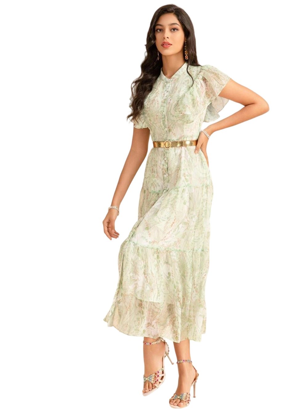 Tie Waist Print Chiffon Ruffle Mid-Length Dress - Image 3