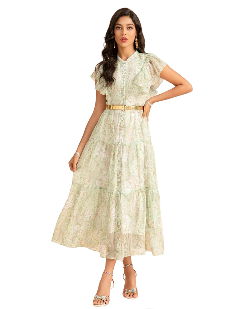 Tie Waist Print Chiffon Ruffle Mid-Length Dress