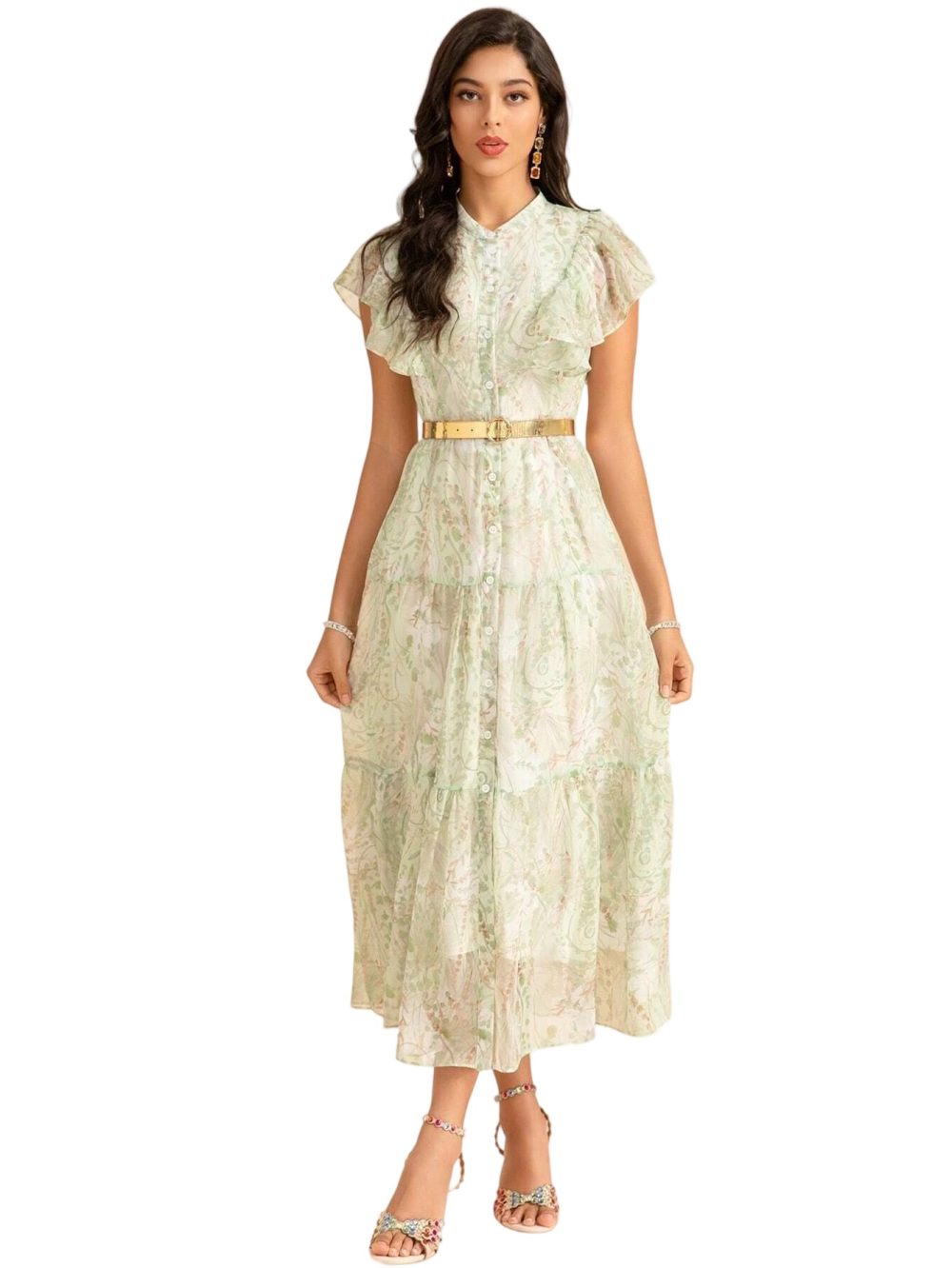 Tie Waist Print Chiffon Ruffle Mid-Length Dress - Image 5