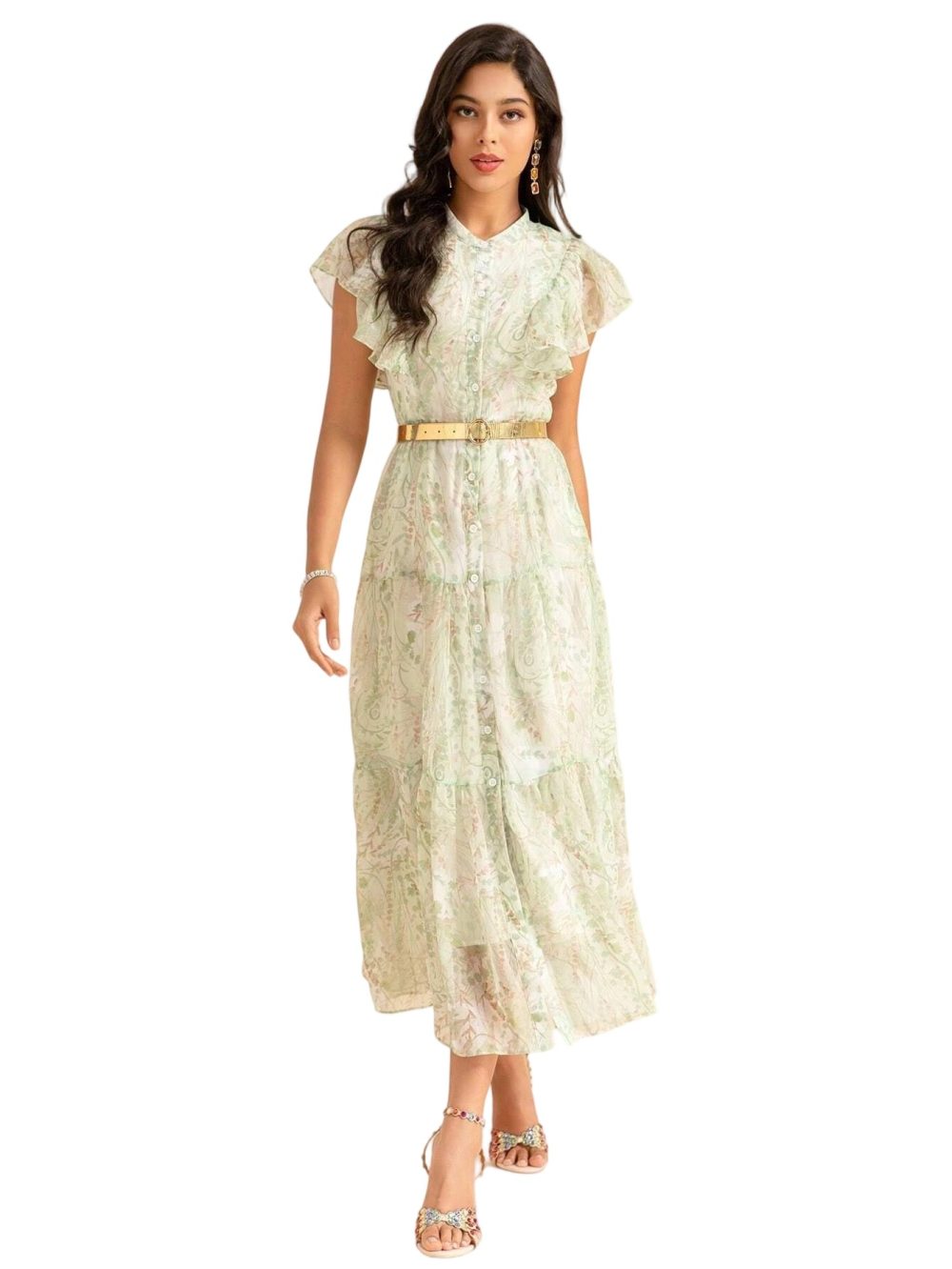 Tie Waist Print Chiffon Ruffle Mid-Length Dress - Image 6