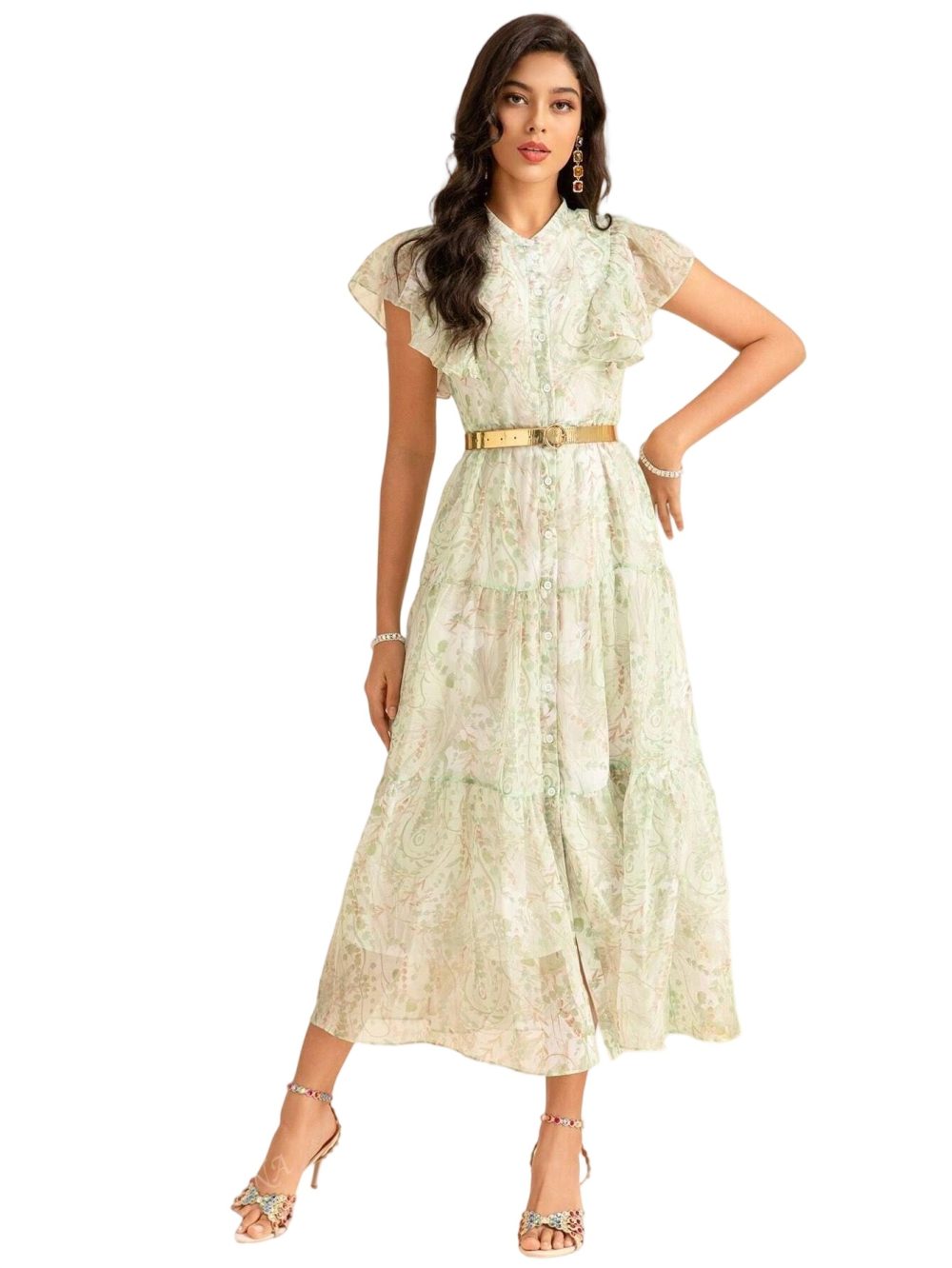 Tie Waist Print Chiffon Ruffle Mid-Length Dress - Image 7