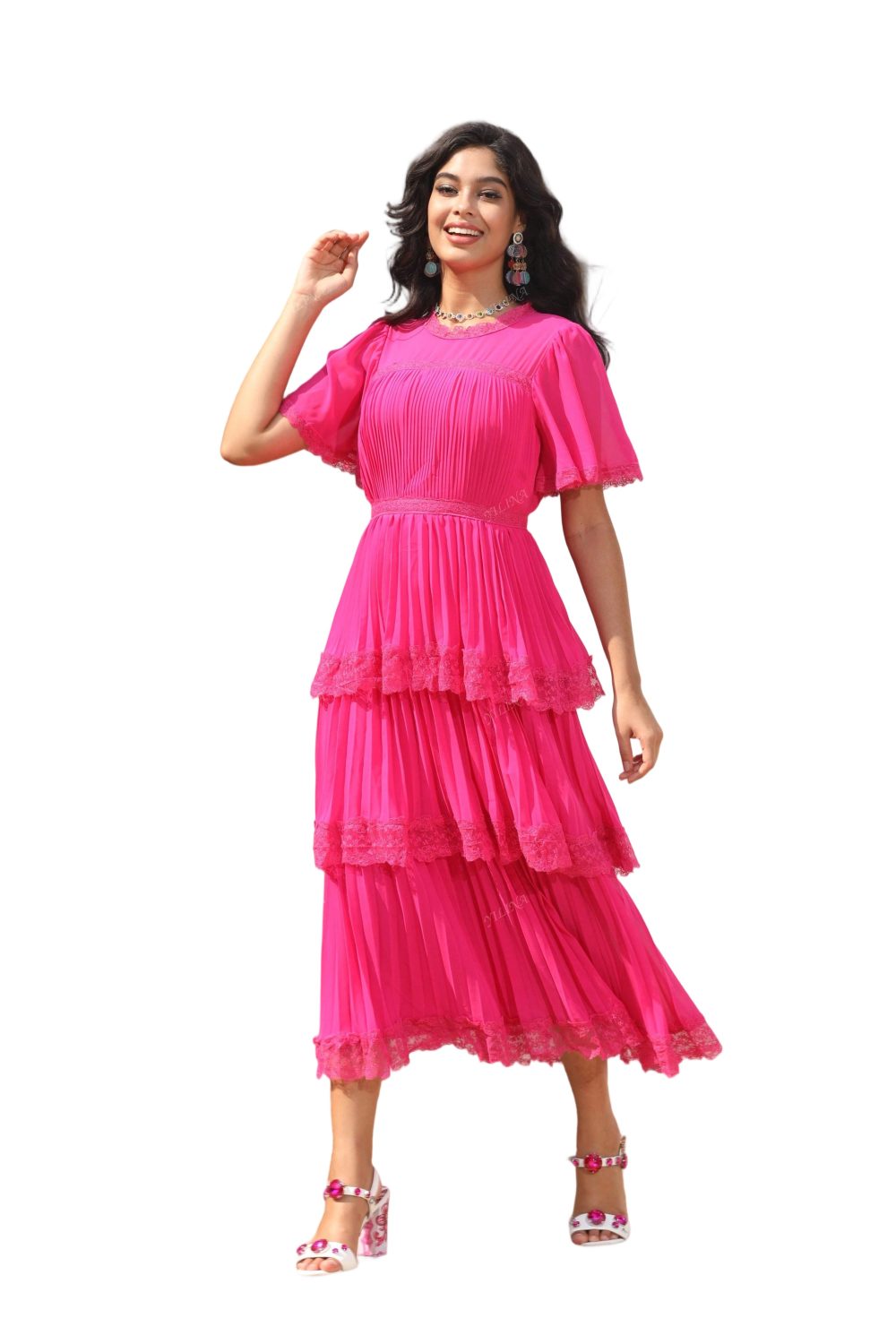 Fashionable Pleated Lace Short Sleeve Layered Cake Dress - Image 5