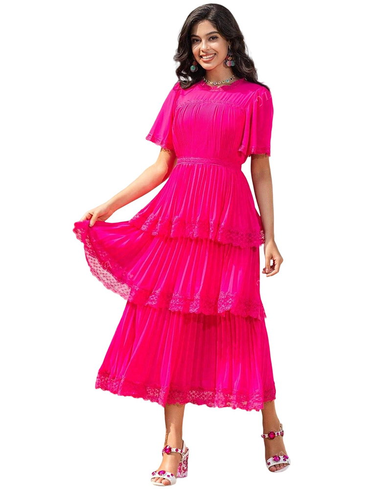 Fashionable Pleated Lace Short Sleeve Layered Cake Dress