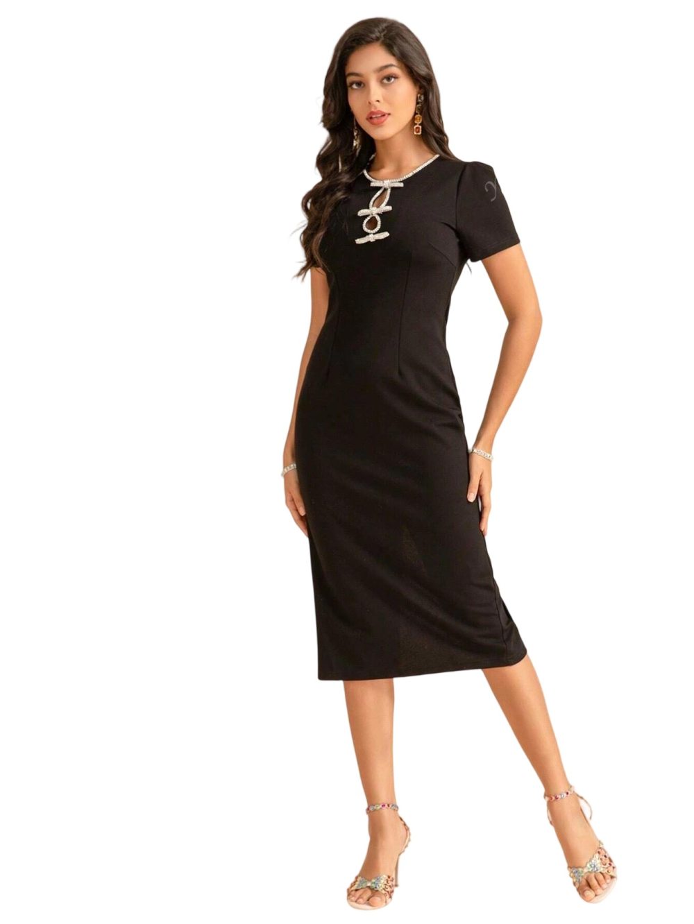 Summer Diamond Bow Bodycon Black Dress - Image 3