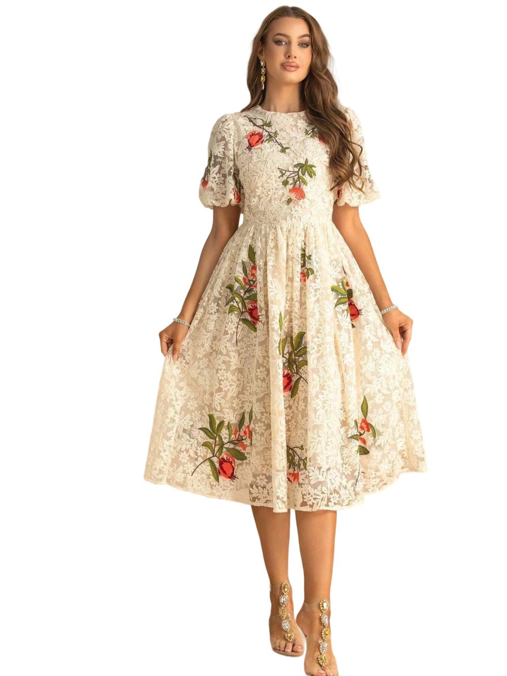 High-End Lace Embroidery Bubble Sleeve Dress - Image 3