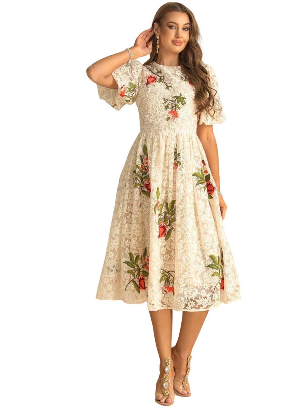 High-End Lace Embroidery Bubble Sleeve Dress - Image 4
