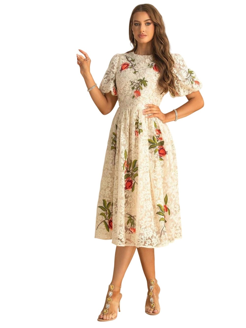 High-End Lace Embroidery Bubble Sleeve Dress - Image 5