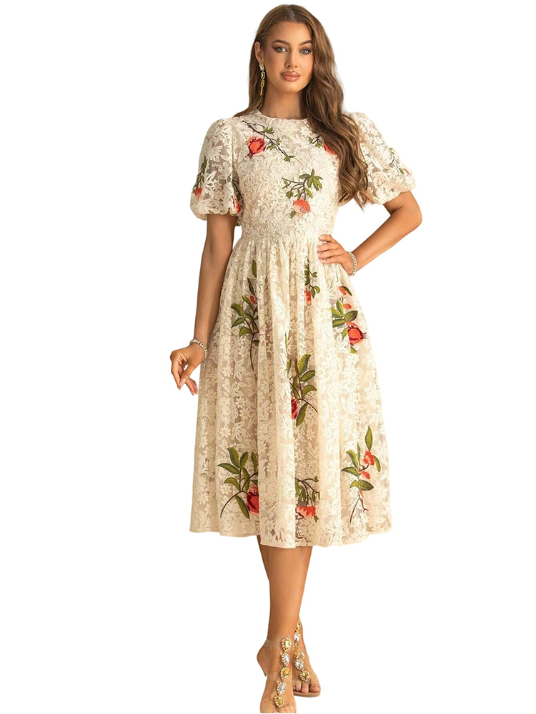 High-End Lace Embroidery Bubble Sleeve Dress