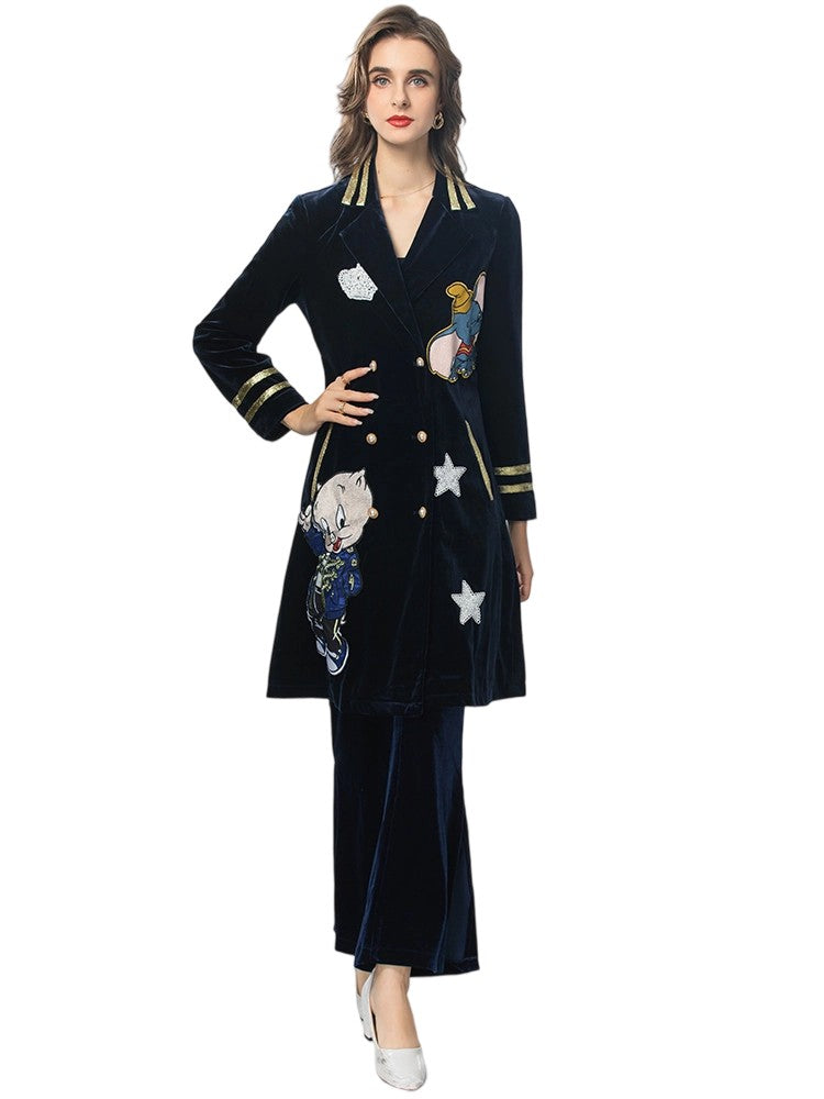 Cartoon pattern top + wide-leg pants elegant two-piece suit