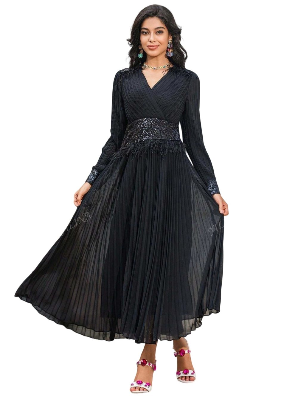 Black V-Neck Feather Sequins Prom Chiffon Dress - Image 3