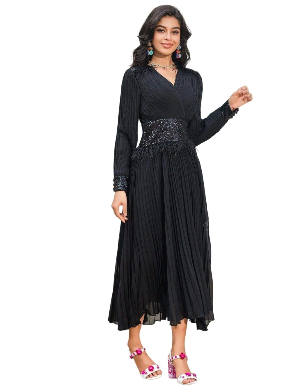 Black V-Neck Feather Sequins Prom Chiffon Dress - Image 4