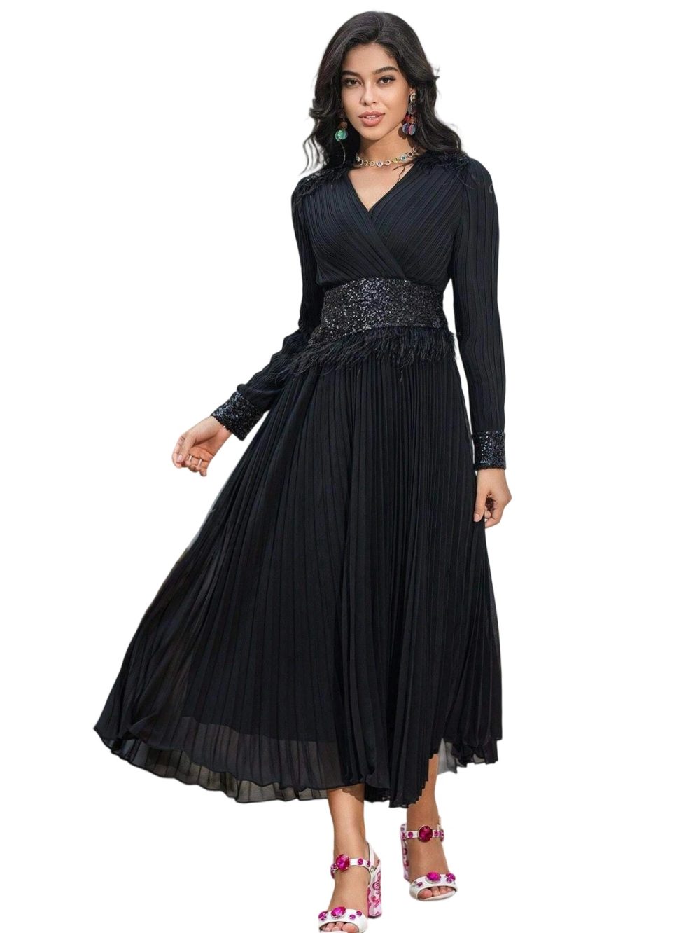 Black V-Neck Feather Sequins Prom Chiffon Dress - Image 5