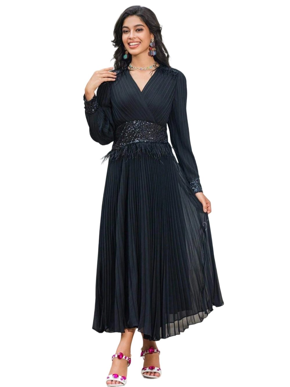 Black V-Neck Feather Sequins Prom Chiffon Dress - Image 6