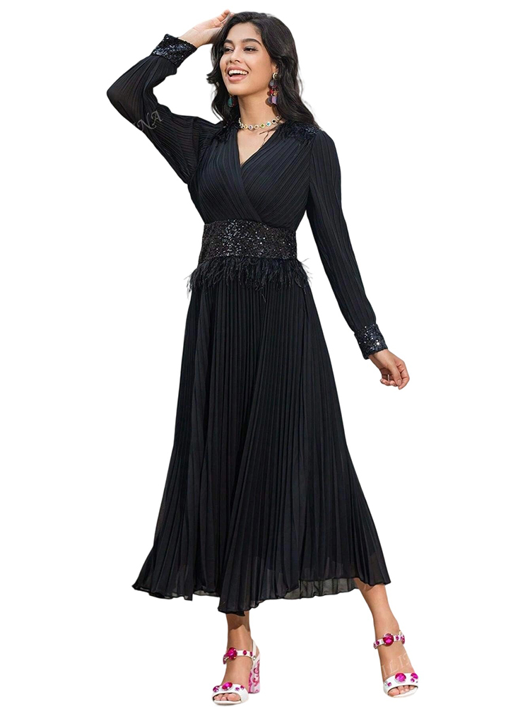 Black V-Neck Feather Sequins Prom Chiffon Dress