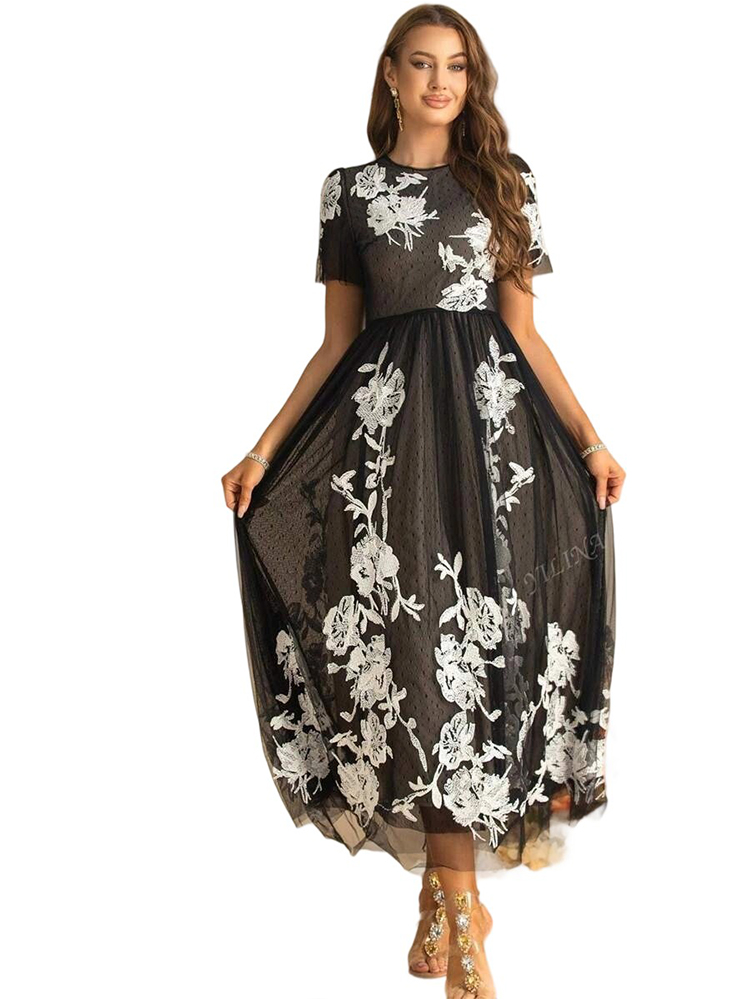 Round Neck Mesh Embroidery Princess Long Dress